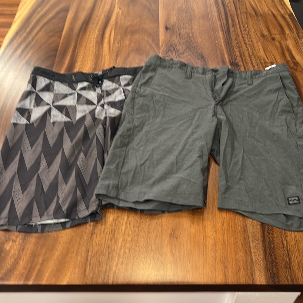 2 pair of surf shorts, size 30, 1 pair Hurley, 1 pair billabong
